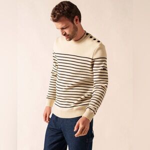 Saint James wool Crewneck sweater ecru navy stripe buttons at shoulder classic